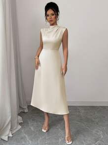 Elenzga Romantic Elegant Pleated A-Line Midi Dress - Apricot - View 4