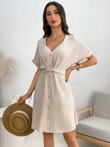 EMERY ROSE 女士简约优雅前扣短袖连衣裙，夏季，女士夏季连衣裙，母亲节连衣裙 - 杏色 - 查看 4