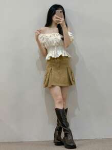 DAZY 短款系腰泡泡袖女式衬衫、荷叶边、娃娃装上衣 - 米色 - 查看 8