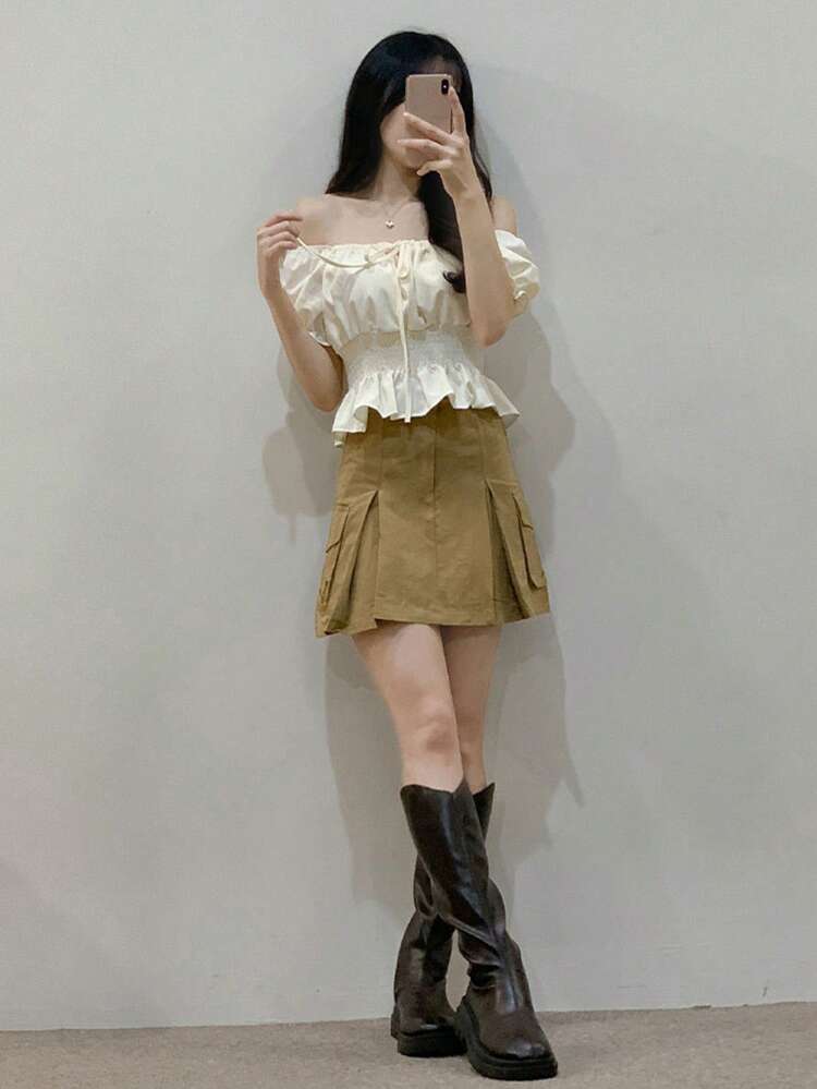 Short Tie-Waist Puff Sleeve Women's Blouse,Ruffle,Babydoll Top