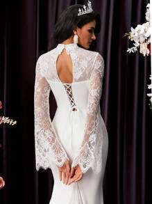 Glamrae Elegant Luxurious Lace Patchwork Elastic Knit Sheer Long Sleeve Bodycon Mermaid Dress, Suitable For Wedding, Party, Honeymoon, Bridal, Bride - Beige - View 3