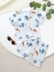 SHEIN 3M-3T Toddler Baby Boys Cute Cartoon Animal Print Half-Open Collar Button Decor Pocket Short Sleeve Top And Elastic Waist Shorts Set, Casual Cotton Outfit, Summer Summer Clothes For Baby Boys Boy Baby Clothes Baby Boys Sets Infant Summer Clothes - Grey - View 2