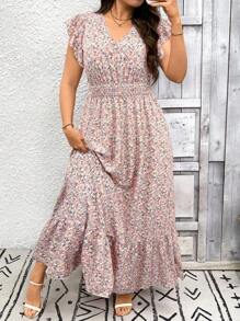 SHEIN LUNE Vestido de vacaciones largo con cuello en V, mangas de encaje y estampado floral pequeño en estilo bohemio para mujeres de talla grande - Multicolor - Ver 4