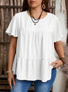 EMERY ROSE Blus Longgar Lengan Pendek Berkerut Leher Bulat Warna Polos untuk Wanita Ukuran Besar, Gaya Boho untuk Wanita/Musim Panas, Pakaian Barat Wanita, Pakaian Liburan Wanita - Putih - View 6