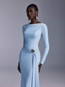 Elitara Elegant Silver Gray Boat Neck Off-Shoulder Long Sleeve Waist Twist Sequin Metal Shell Button Decor Mermaid Bridesmaid Dress - Baby Blue - View 7