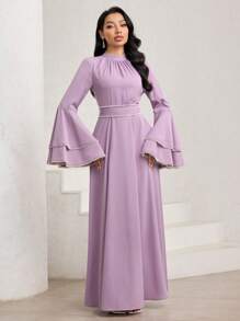 Veilorie 女士优雅阿拉伯风格珍珠装饰喇叭袖连衣裙 - 粉色 - 查看 7