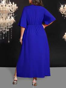 Cravure Long Cinched Waist Solid Color Dress, Minimalist & Fashionable, Suitable For Summer - Blue - View 2