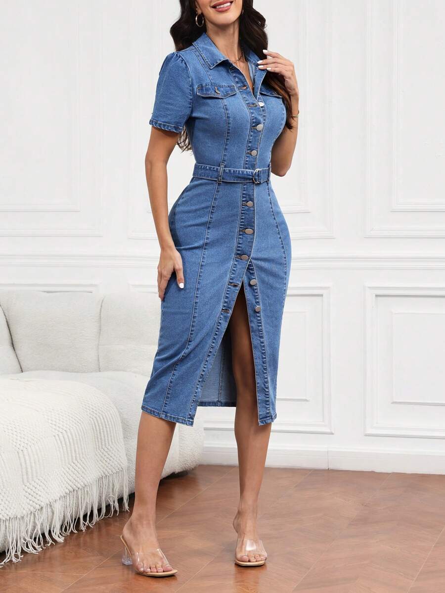 SHEIN Tall 女士简约时尚牛仔连衣裙，适合夏季 - 藍色 - 查看 1