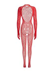 2 piezas Lencería de mujer sin entrepierna, sensual y tentador disfraz de estampado leopardo de malla de red - Rojo - Ver 5
