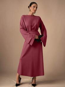 EURMUSE Elegant Solid Color Flared Sleeve Dress - Dusty Pink - View 4