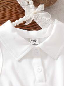 SHEIN Baby Girls Summer Korean Version Casual Cute Collared White Knit Top And Black Woven Printed Pleated Skirt Set - Black and White - View 7