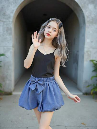 青少年女孩休闲家居服简约复古花朵盛开裙子，配有大蝴蝶结装饰，适合夏季