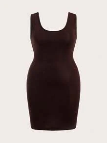 SHEIN BASICS Plus Size Brown Mini Dress: Casual Scoop Neck Sleeveless Bodycon Dress For Women - Brown - View 1