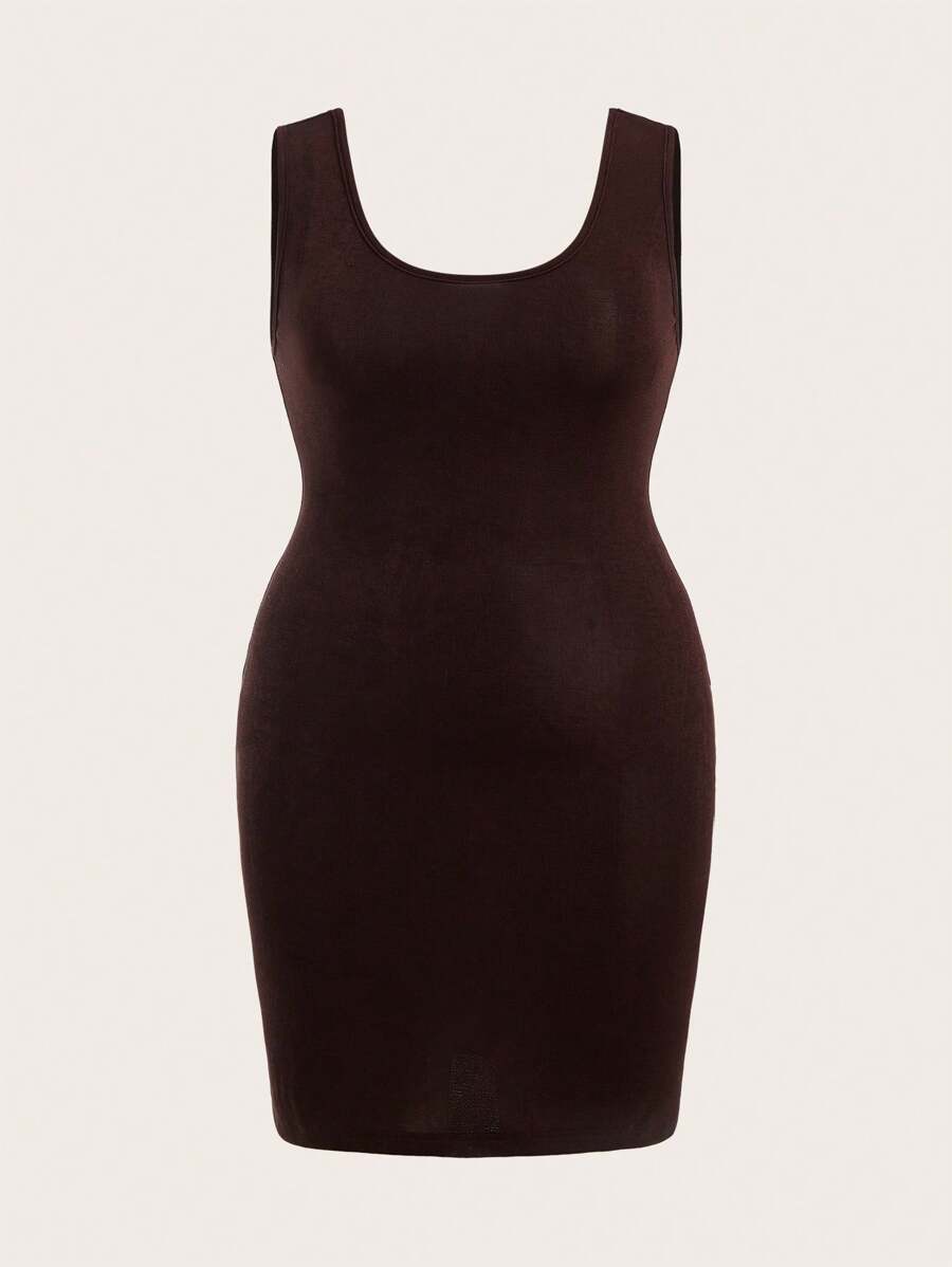 SHEIN BASICS Plus Size Brown Mini Dress: Casual Scoop Neck Sleeveless Bodycon Dress For Women - Brown - View 1