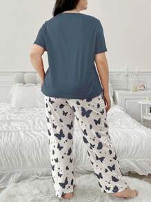 Butterfly & Letter Print Short Sleeve & Long Pants Plus Size Women Pajamas Set - Dusty Blue - View 2