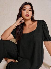 Elaquor Bộ 2 áo thun tay ngắn cổ vuông màu trơn cỡ lớn kèm quần dài rút dây - màu đen - Xem 5