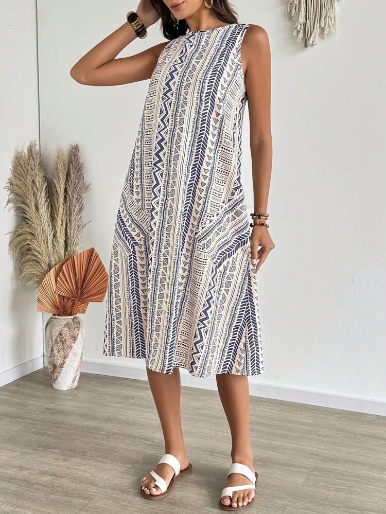 Women's Geometric Print Straight Casual Sleeveless Mid-Length Dress, For Holiday,Summer Dresses For Women