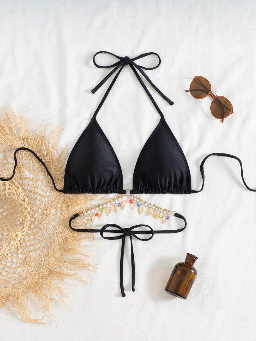 SHEIN Swim Top triangolare sexy e alla moda di colore unito per l'estate e le vacanze al mare, abbinato a un top bikini con pendente a catena metallica colorata di alta qualità - nero - Visualizzare 1