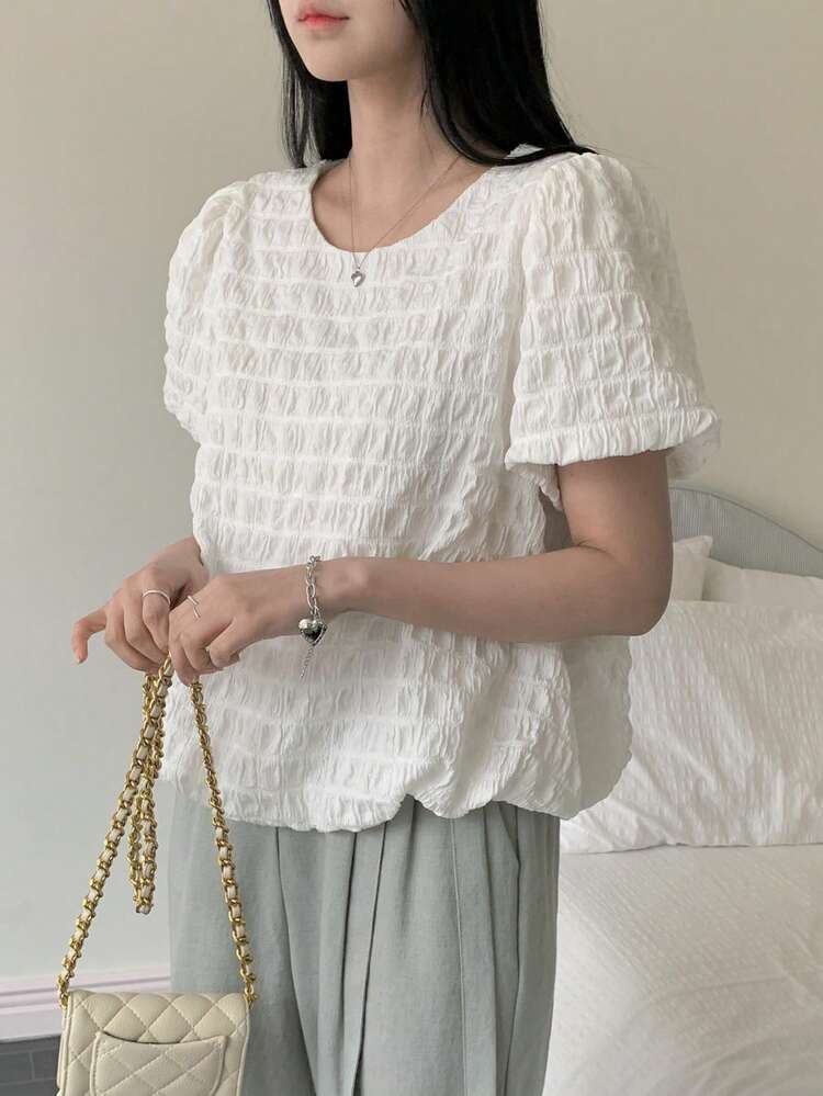 Women Balloon Sleeve Pleated Loose Short Sleeve T-Shirt, Summer