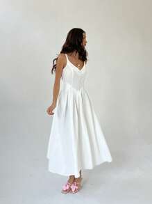 Aloruh Women's Solid Color Thick Strap Fold Pleated Sleeveless Dress - White - View 5