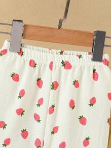 2pcs Baby Girls' Casual Cute Woven Digital Print Strawberry Pattern Shirt With Collar Ruffle And Matching Strawberry Print Shorts Comfy Pajama Set - White - View 6