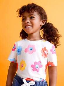 SHEIN Young Girls Cute Smiling Face & Floral Print T-Shirts - Multicolor - View 4