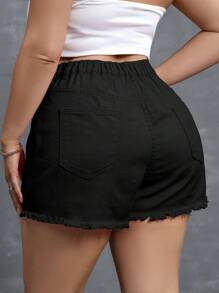 SHEIN Essnce Plus Size Summer Solid Color Frayed Hem Side Pocket Denim Shorts