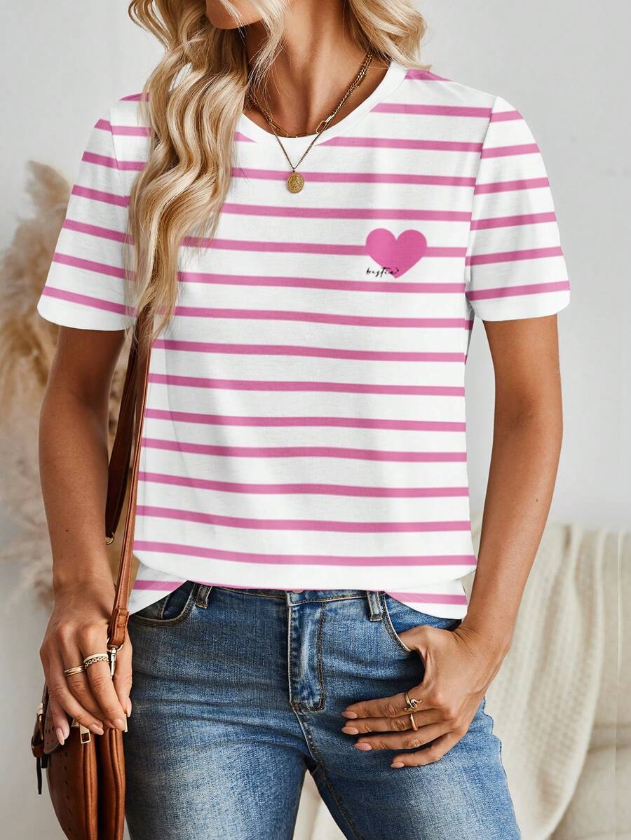SHEIN LUNE Casual Minimalist Pink Striped Heart Pattern Round Neck Short Sleeve Loose Women T-Shirt, Suitable For Summer
