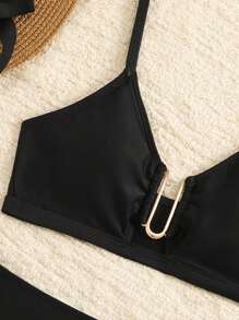 Conjunto de bikini para niña preadolescente con parte superior y Bottom de un solo color conectado con aro en forma de U