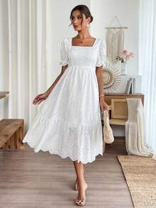 EMERY ROSE 女士方领短款泡泡袖长款刺绣连衣裙 - 白色 - 查看 5