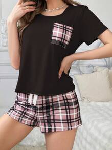 2pcs Plaid Print Pocket Pajamas Set - Plaid Shorts - Black - View 4