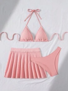 Swim Mod Bộ đồ bơi hở lưng lưới 3 mảnh cho nữ kèm chân váy ngắn, đồ bơi đi biển cho bé gái tuổi teen dễ thương, đồ bơi giải trí thường ngày mùa hè cho tiệc hồ bơi - Hồng - Xem 4