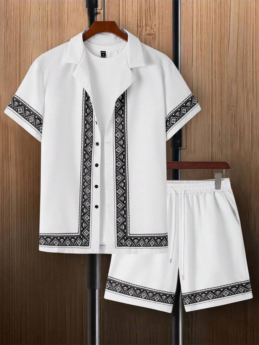 Manfinity RSRT 2pcs/Set Men's Geometric Print Button Front Short Sleeve Shirt And Shorts Casual Outfit, (Printed Pattern Asymmetrical) Men's Shirt Short Sets Shorts And Shirt Set Men Outfits 2 Pieces Set Shirt Sets Short Sets For Men - Light Grey - View 1