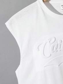 SHEIN Tween Boy 宽松休闲宽肩字母印花背心和短裤两件套，夏季服装 - 綠色 - 查看 3