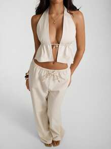 Aloruh Camiseta de verano casual de lino color beige de un solo color con decoración de concha y espalda descubierta para mujer