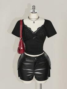 SHEIN ICON 加大码 V 领蕾丝拼接腰部褶饰修身针织上衣，春夏季性感 T 恤，适合作为婚礼嘉宾 - 黑色 - 查看 3