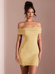 SHEIN BAE 女士纯红色露肩性感透明优雅美人鱼露背紧身迷你连衣裙、红色连衣裙、情人节约会连衣裙、伴娘迷你连衣裙、露背连衣裙 - 黃色 - 查看 5