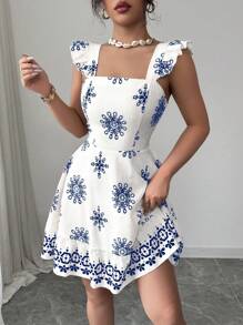 Elenzga Vestido corto casual para vacaciones y trabajo con mangas con volantes, diseño de nudo a la espalda y estampado en la cintura - Azul - Ver 6