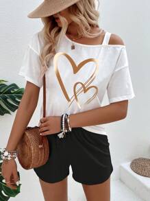 SHEIN LUNE 2pcs/Set Women Heart Print Asymmetrical Neck Short Sleeve Top And Shorts Set - Black and White - View 6