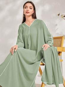 Al Najma Minimalist Turkish Style Long Dress, Suitable For Summer, Modest Kaftan - Green - View 6