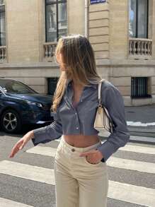 INAWLY 条纹印花扭纹后背短款女式衬衫