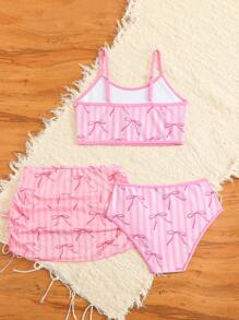 Tween Girl 3pcs/Set Bow & Stripe Swimsuit Set - Pink - View 2