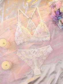 DelicateAllure Set de 2 piezas Lencería de mujer sin varillas con encaje blanco