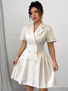 Elenzga Plus Size Women's Spring & Summer French Commuting Elegant Tea Party Vacation Collared V-Neck Double-Breasted Fitted Waist A-Line Mini Dress With Short Sleeves