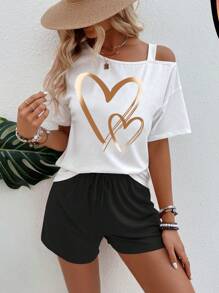SHEIN LUNE 2pcs/Set Women Heart Print Asymmetrical Neck Short Sleeve Top And Shorts Set - Black and White - View 5