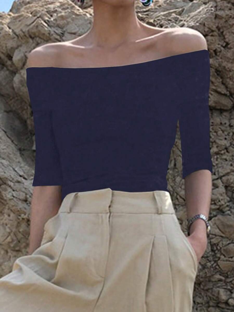 DAZY Camiseta de manga corta de mujer con hombros descubiertos y ajustada, color negro, para primavera/verano - Azul Marino - Ver 1