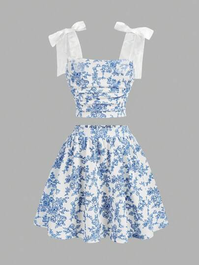 SHEIN Girlism 2pcs Tween Girl Casual Minimalist Co-Ord Set: Comfortable Camisole & Mini Skirt