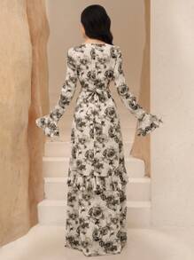 Graceveil Women's Ruffled Long Sleeve Waisted Retro Romantic Big Hem Dress Floral Maxi Dress Women, Modest - Chocolate Brown - View 2