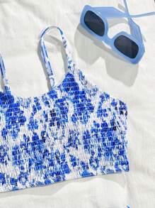2pcs Set Teen Girl Retro Floral Print Bikini Swimsuit Set - Blue and White - View 3
