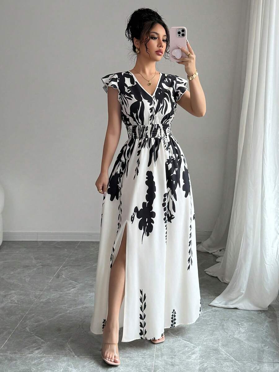 Rafferiza 女士 V 领蝴蝶袖夏威夷风格花卉印花长裙超长度假海滩装